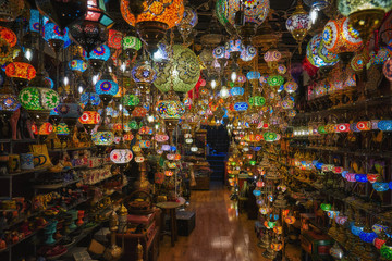 Colorful glass lanterns glowing at the arabic market