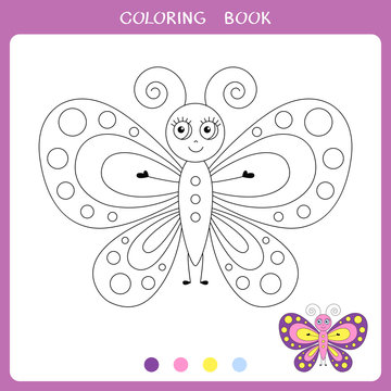 Simple educational game for kids. Illustration of funny butterfly for coloring book