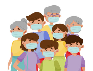 People Characters Wearing Protective Masks in Public Place Vector Illustration