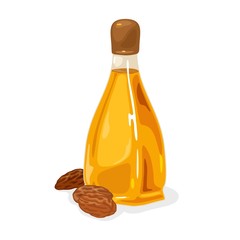 Almond nuts are near glass bottle with yellow oil closed by brown plastic cap. Antioxidants, fatty acids source. Multipurpose, non-toxic beauty treatment. Vector isolated on white for packing design.
