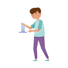 Man Character Using Sanitizer for Hands Bacterial Purification Vector Illustration