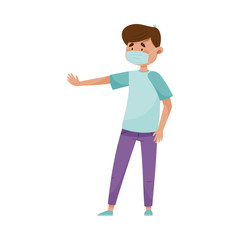 Man in Protective Mask Standing with His Hand Outstretched Vector Illustration