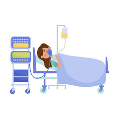 Young Woman with Coronavirus Symptoms Rested on Hospital Bed with Drip Bulb Vector Illustration