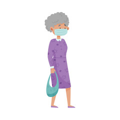 Senior Woman in Protective Mask Walking Along the Street Vector Illustration