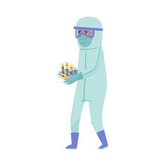 Man in Protective Suit and Mask Carrying Test Glass for Examining Blood Vector Illustration