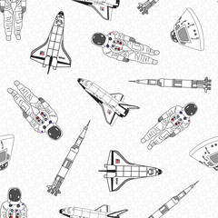 Vector Space Shuttles Rockets Capsules Astronauts with Stars on White Background Seamless Repeat Pattern. Background for textiles, cards, manufacturing, wallpapers, print, gift wrap and scrapbooking.