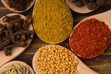 Assortment of powder  and seeds spices on spoons. Macro shot