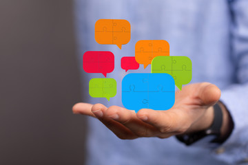 ilustration of a communication concept. The word communication with colorful dialog speech .