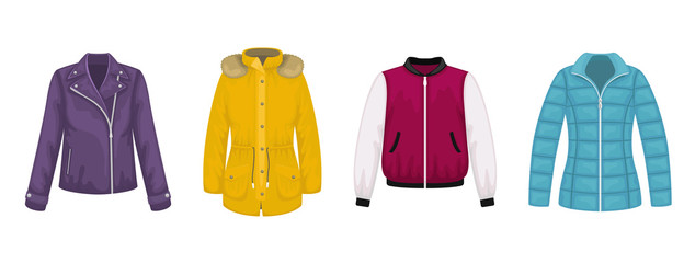 Set of flat vector women's outerwear. Leather jacket, bomber jacket, parka, jacket. © ArTalya