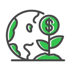 Green plant near globe, earth. Thin line icon related with resource-saving technologies isolated on white. Outline smart city pictogram, logotype. Ecology problem vector element for infographic, web.