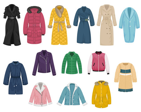 Set of flat vector women's outerwear. Trench coat, raincoat, overcoat, quilted coat, bomber, fur coat, sheepskin coat, leather jacket.
