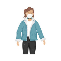 Flat vector illustration of a fashionable girl in a denim jacket with fur and trendy glasses and protective masks against viruses. Prevention of the coronavirus epidemic.