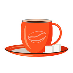 Red cup cartoon vector illustration. Black coffee in ceramic mug flat color object. Diner order. Americano with sugar. Cafeteria crockery. Sweet espresso isolated on white background