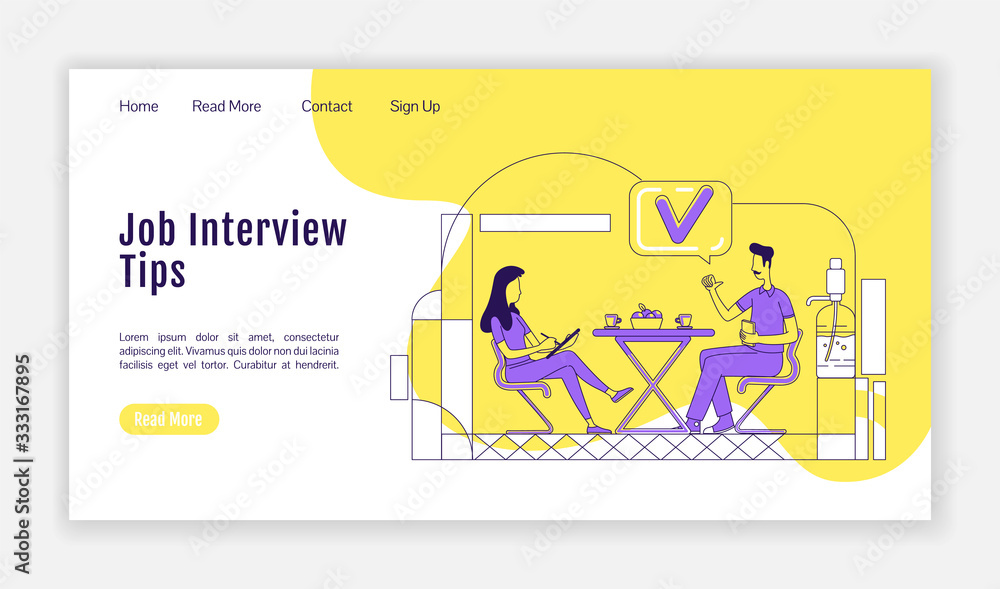 Poster job interview tips landing page flat silhouette vector template. work search advice homepage layout.