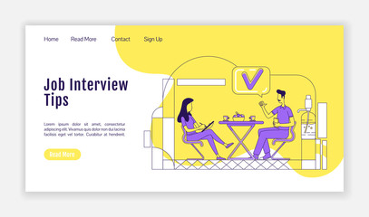 Job interview tips landing page flat silhouette vector template. Work search advice homepage layout. Self presentation one page website interface with cartoon outline character. Web banner, webpage