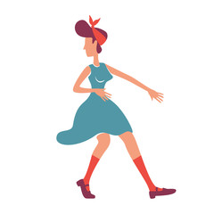 Old school lady in blue dress flat color vector faceless character. Young caucasian girl with 50s hairstyle standing. Retro disco party. Boogie woogie dancer isolated cartoon illustration