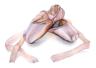 Watercolor Pink Ballet Shoes. Hand Drawn Illustration. Pink Pointes. Ballet. Ballerina Shoes © Екатерина Сумченко