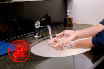 Washing hands rubbing with soap man for covid-19 virus prevention, hygiene to stop spreading covid-19virus.