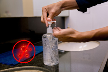 Washing hands rubbing with gel man for covid-19 virus prevention, hygiene to stop spreading covid-19virus.