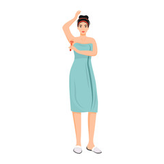 Woman in towel shaving armpits flat color vector faceless character. Morning shower, hygiene routine isolated cartoon illustration for web graphic design and animation. Girl removing body hair