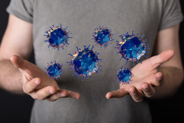 Hologram of coronavirus COVID-2019 on a protection futuristic background. Deadly type of virus 2019-nCoV. 3D models of coronavirus bacteria. Vectonic illustration in HUD style.