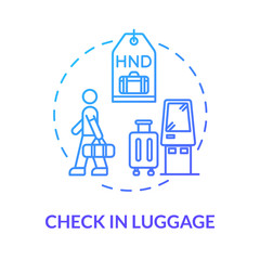 Check in luggage concept icon. Baggage control idea thin line illustration. Passenger with hand luggage in airport terminal. Vector isolated outline RGB color drawing