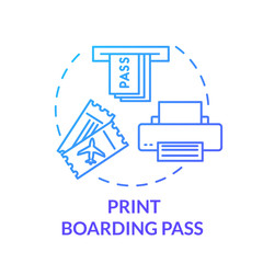 Printing airplane electronic boarding pass concept icon. Airline ticket buying, online check in completing idea thin line illustration. Vector isolated outline RGB color drawing