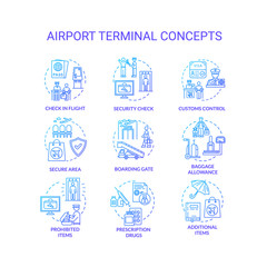 Fototapeta na wymiar Airport terminal concept icons set. Security check, boarding gate idea thin line RGB color illustrations. Customs control, baggage allowance. Vector isolated outline drawings