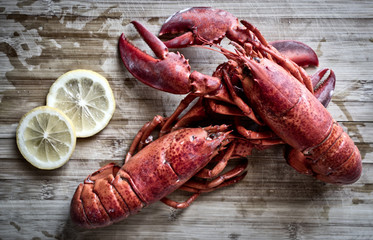 Steamed red lobsters with lemon, seafood utensils on the rustic wooden table. Maine lobsters. Two boiled lobsters.