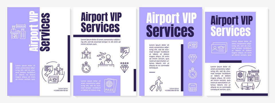 Airport VIP services brochure template. Premium quality airline service lyer, booklet, leaflet print, cover design with linear icons. Vector layouts for magazines, annual reports, advertising posters