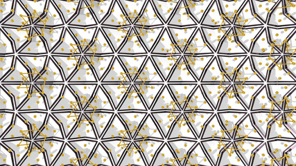 Abstract 3D background with fantasy luxury pattern of black and white triangular polygons and golden spheres