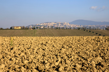 Ancona, Italy - January 1, 2019: A typical landscape in Marche country, Ancona, Marche, Italy