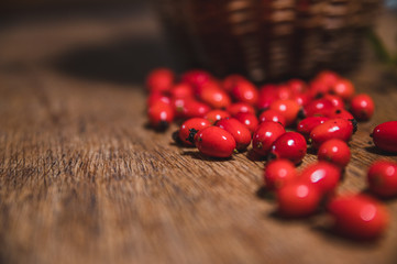 Dark red rose hip on basket