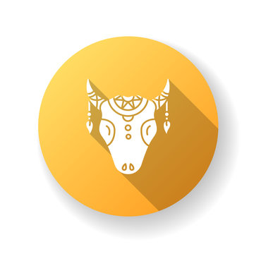 Tribal cattle head flat design long shadow glyph icon. Cow skull with feathers, Native American Indian symbol in boho style. Wild animal head, tribe mystic amulet. Silhouette RGB color illustration