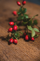 Dark red rose hip on basket