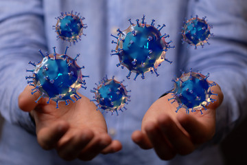 Hologram of coronavirus COVID-2019 on a protection futuristic background. Deadly type of virus 2019-nCoV. 3D models of coronavirus bacteria. Vectonic illustration in HUD style.