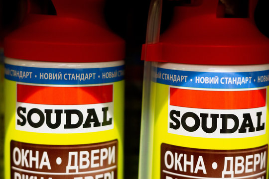 Tyumen, Russia-January 20, 2020: soudal mounting foam, the world's largest manufacturer of mounting polyurethane foam in aerosol