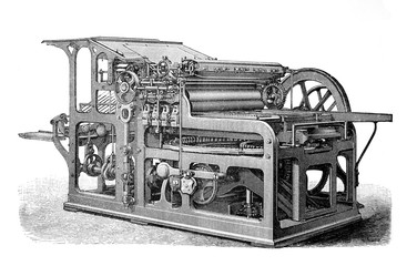 Antique printing press / automatic cylinder / Old Antique illustration from Brockhaus Konversations-Lexikon 1908