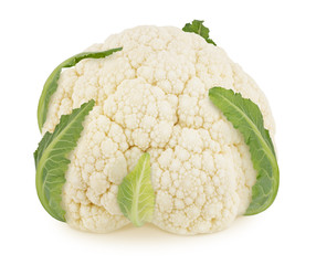 Fresh whole cauliflower with leaves isolated on a white background.