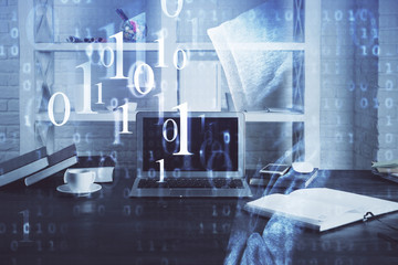 Technology theme drawing and work space with computer. Multi exposure. Concept of innovation.