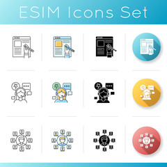 Remote jobs icons set. Technical support, SEO and copywriting. Freelance manager, article author and call centre operator. Linear, black and RGB color styles. Isolated vector illustrations