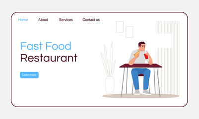 Fast food restaurant landing page vector template. Unhealthy nutrition website interface idea with flat illustrations. Takeaway service homepage layout. Delicious snacks cartoon web banner, webpage