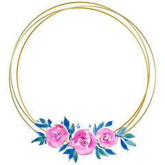 golden round frame with pink roses, floral design, wedding monogram, watercolor illustrations
