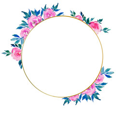 golden round frame with pink roses, floral design, wedding monogram, watercolor illustrations
