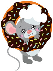 Cook mouse peeking on chocolate donut
