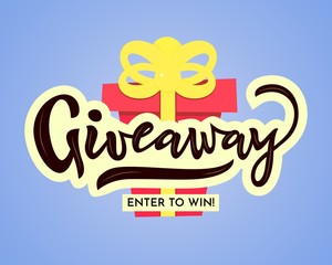 Giveaway enter to win hand lettering with gift on blue background. Vector illustrator