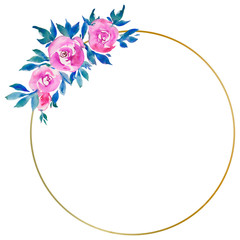 golden round frame with pink roses, floral design, wedding monogram, watercolor illustrations greeting cards