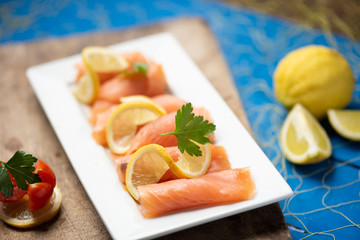 Close up of smoked salmon on a plate