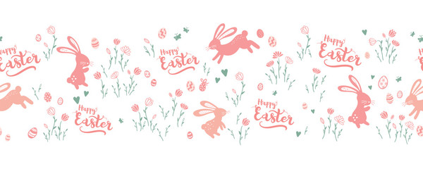 Cute hand drawn Easter horizontal seamless pattern with bunnies, Easter eggs and flowers. Great for Easter Cards, banner, wallpaper, textiles, wrapping- vector design