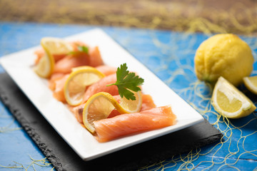 Close up of smoked salmon on a plate